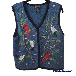 Vtg Design Originals Studio Blue Sweater Vest Women's PXL Applique Birds Beaded